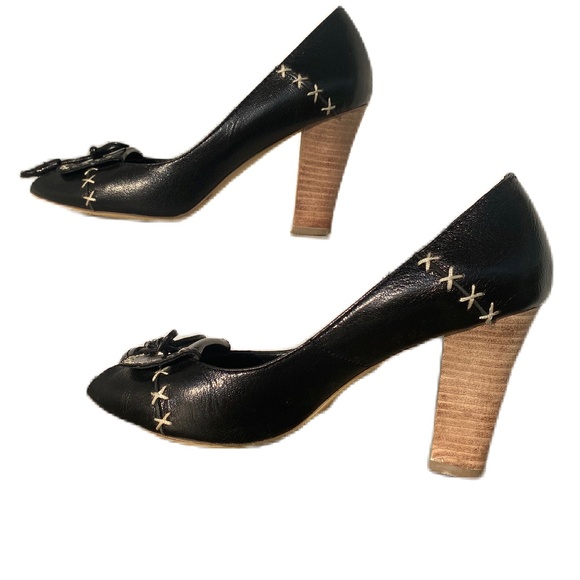 Juno New York loafer block heels peep toe black cream 8 - Picture 1 of 12